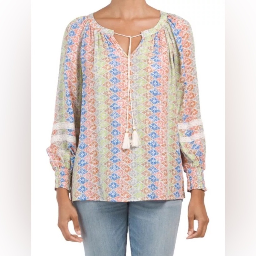 Jane & Delancey Southwestern Print Tie Neck Tassel Tie Long Sleeve Blouse, XL